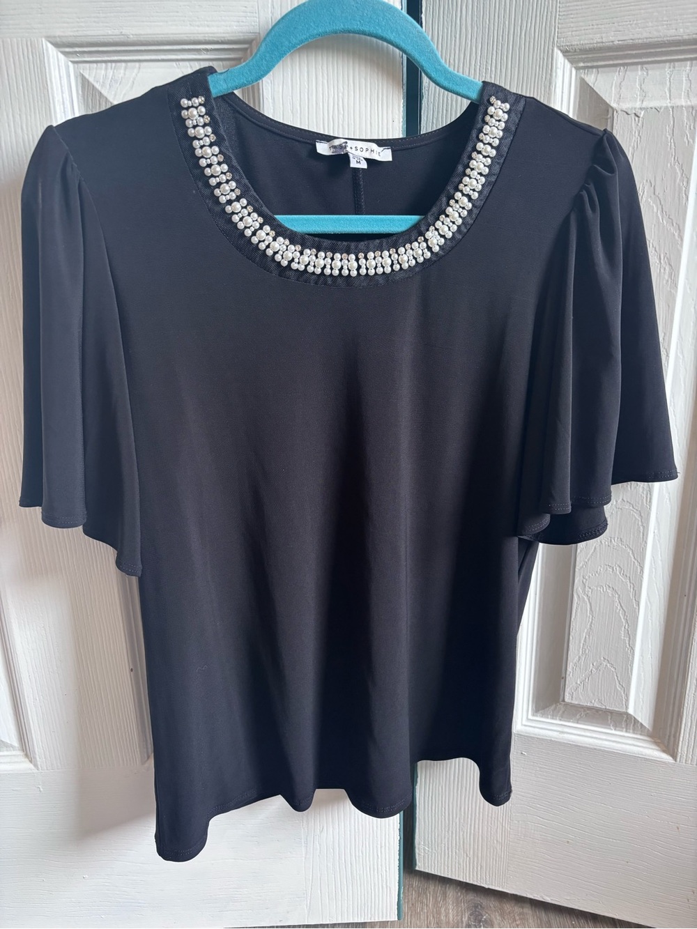 Women's Black Jeweled Scoop Neck Flutter Sleeve Blouse